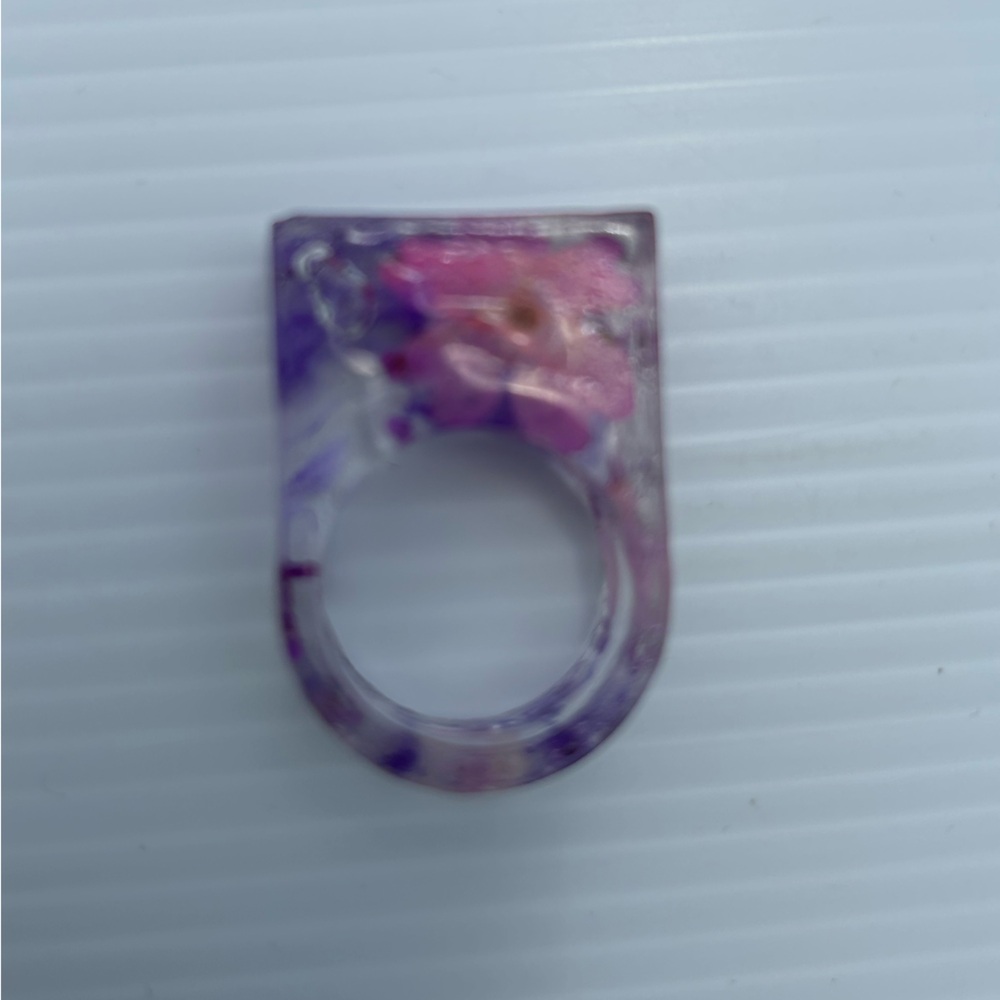 Resin Flower Square Ring with Purple and Pink Flowers